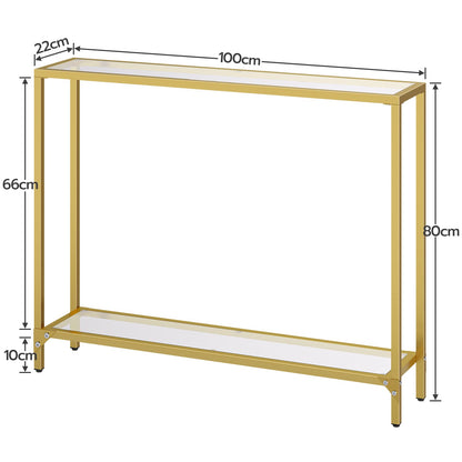 HOOBRO Console Table, 2-Tier Tempered Glass Console Table, Slim Hallway Table with 2 Shelves, 100 x 22 x 80 cm, Modern Display Table for Living Room