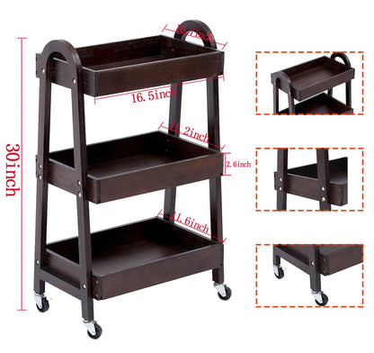 lamde 3-Tier Wooden Rolling Cart- Wooden Utility Cart wit Wheels- Utility Rolling Cart-Storage Trolley Organizer- Rolling Kitchen Cart Serving Cart