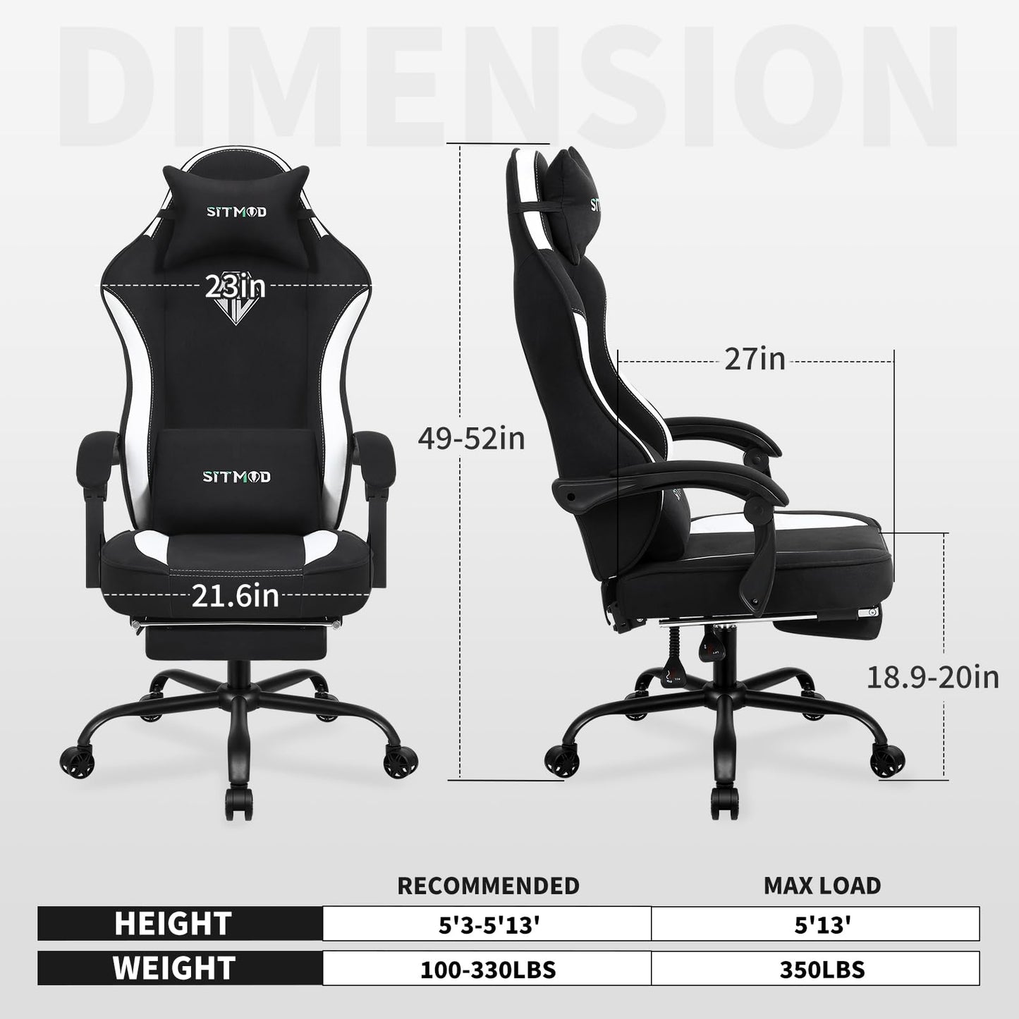 SITMOD Fabric Gaming Chair with Footrest, High Back PC Video Game Chair with Pocket Spring, Ergonomic Computer Desk Chair with Linkage Armrests