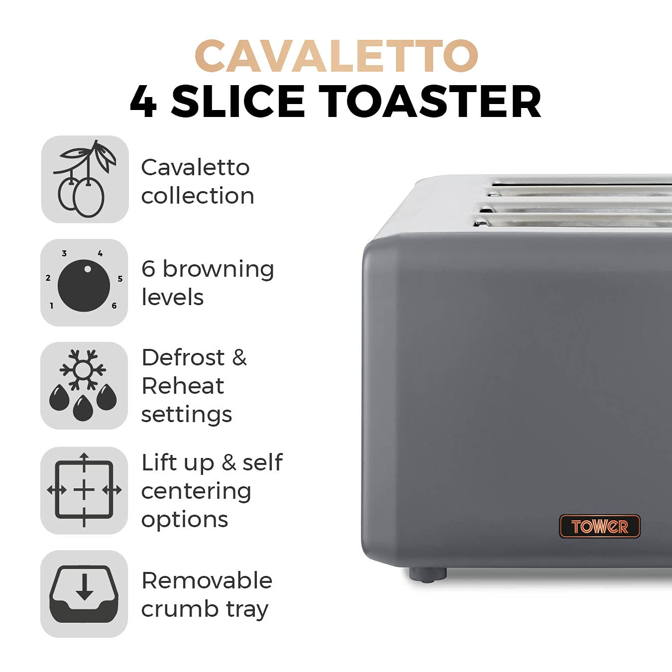 Tower T20051RGG Cavaletto 4-Slice Toaster with Defrost/Reheat, Stainless Steel, 1800W, Grey and Rose Gold