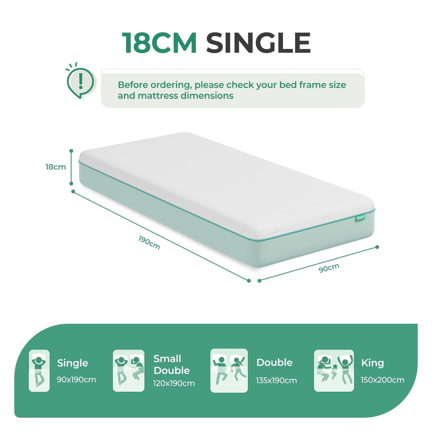 Uliyati Single Mattress Gel Memory Foam Mattress Medium Plush 90x190x18CM
