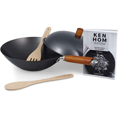 Ken Hom Carbon Steel Wok Set, 31cm, Classic, Non-Induction/Wooden Handle/Flat Base Pan, Includes Wok Pan with Lid, Wooden Wok Utensils & Recipe Book,