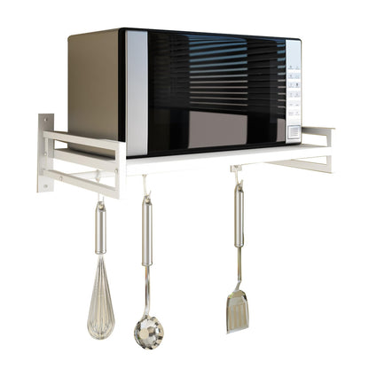 ABCOOL Wall Mount Microwave Oven Shelf Rack for Kitchen Home, Carbon Steel Counter Countertop Holder with Hook Rail and 3 Slidable Hooks