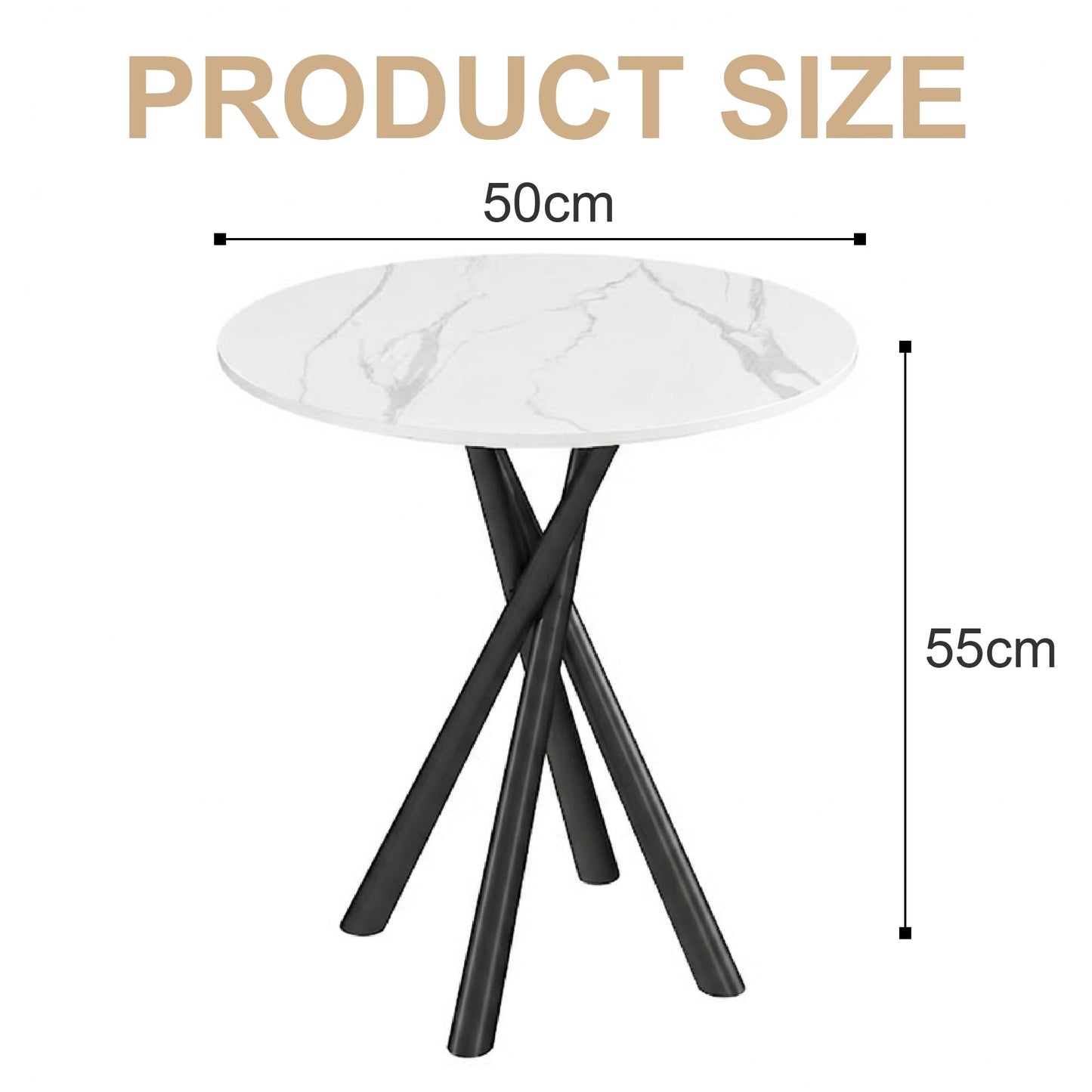 IMHKAM Round Side Table, White Small Stone Marble Coffee Table Living Room Bedside Table with Black Metal Legs Sofa Bedroom Office Table, 50x50x55cm