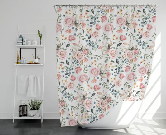 Three Oaks Farmhouse Fabric Boho Shower Curtain, Watercolor Floral Peony Bathroom Botanical Meadow Decoration Shower Curtain Sets 72x72 Inch with