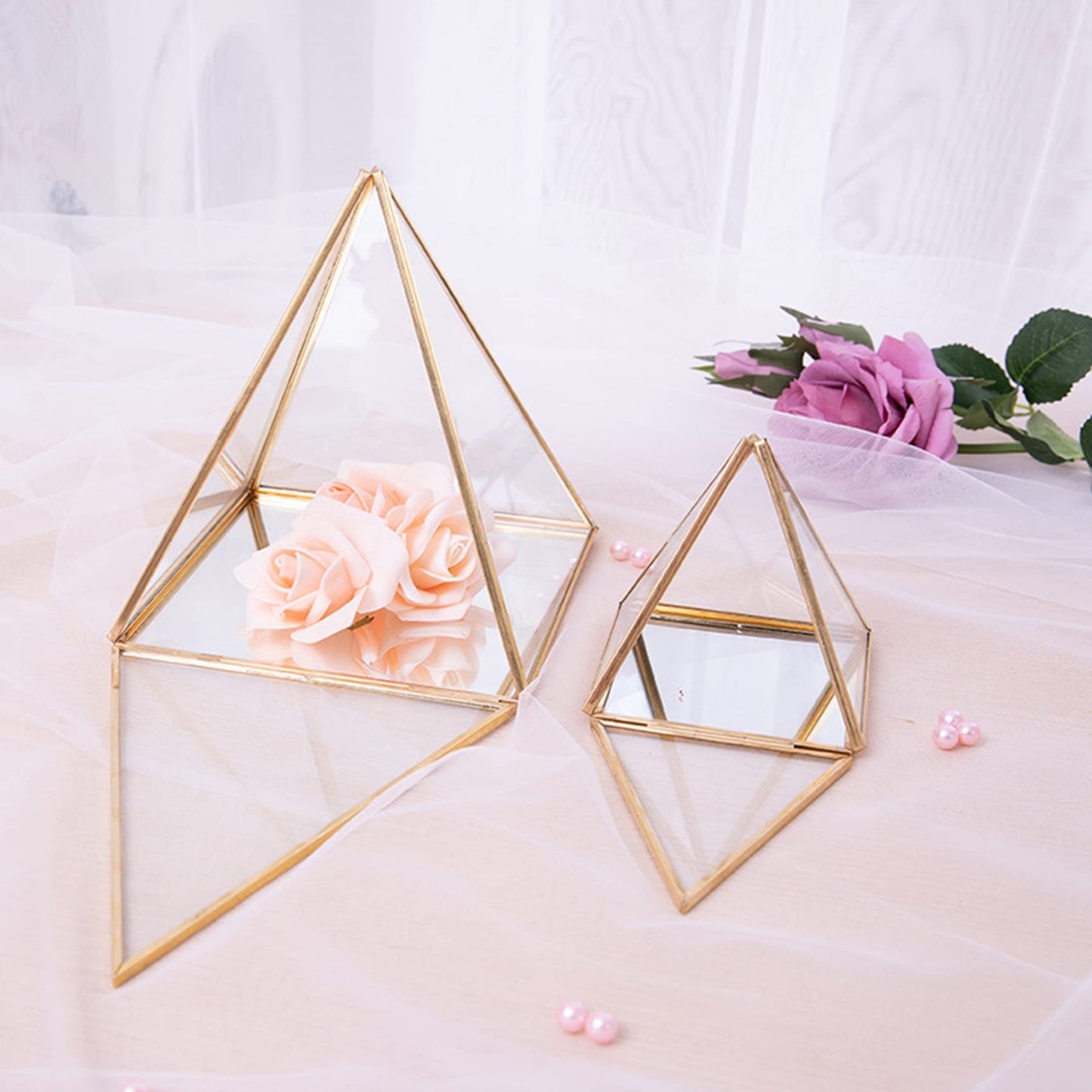 TOBEOME Glass Jewelry Box Golden Geometric Decorative Box Geometric Glass Pyramid Ring Holders for Wedding Birthday Gift L