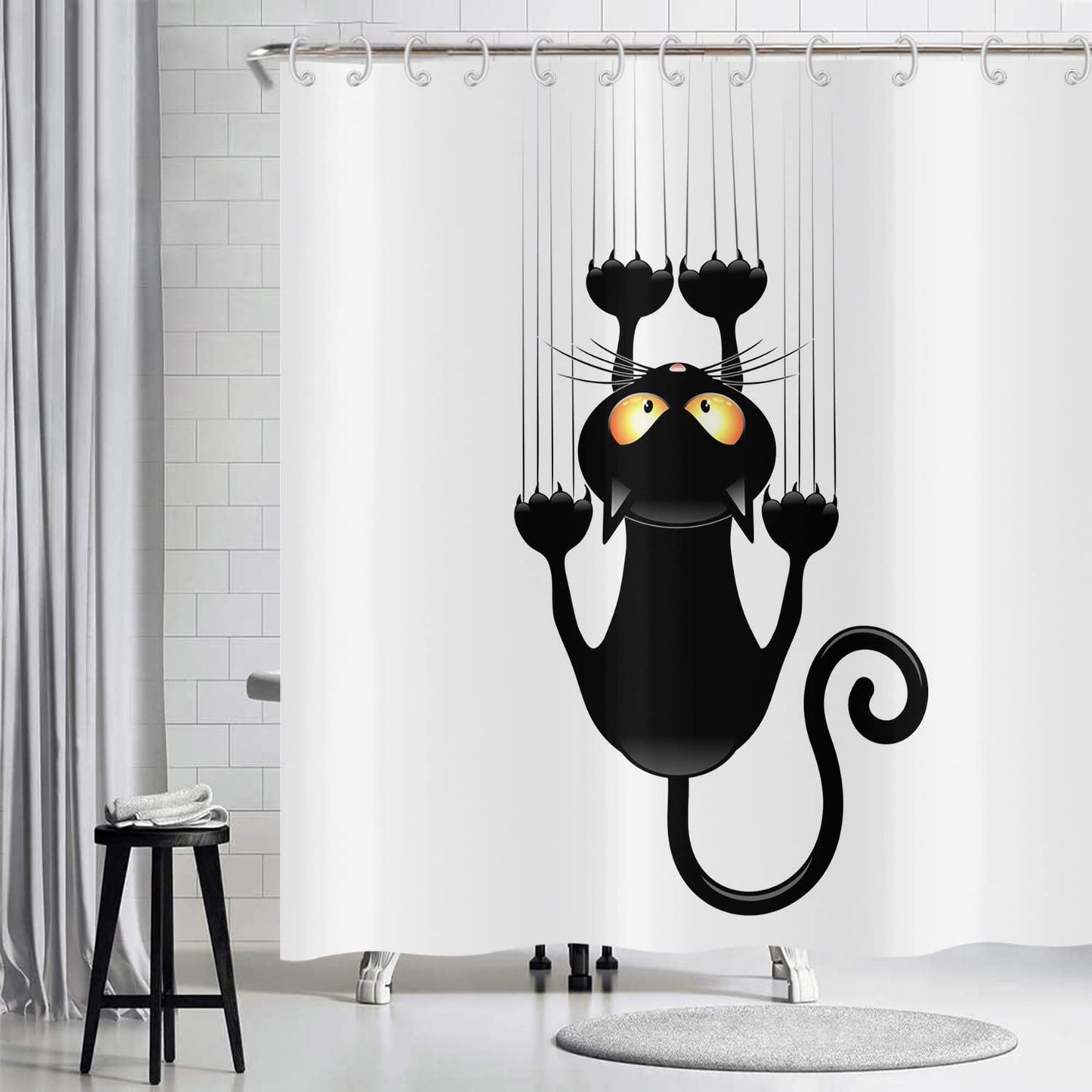 Hnmdmyi Funny Cat Shower Curtain 180x180, Black Kitten Scratching the Wall Bathroom Curtains Kids Cute Cartoon Animal Black and White Minimalism Art