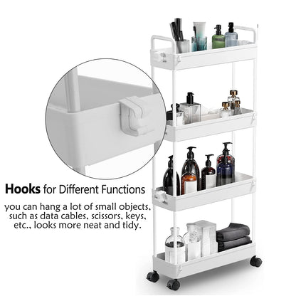 4-Tier Slim Rolling Storage Cart on Wheels, Slide Out Thin Utility Cart Kitchen Trolley with Wheels