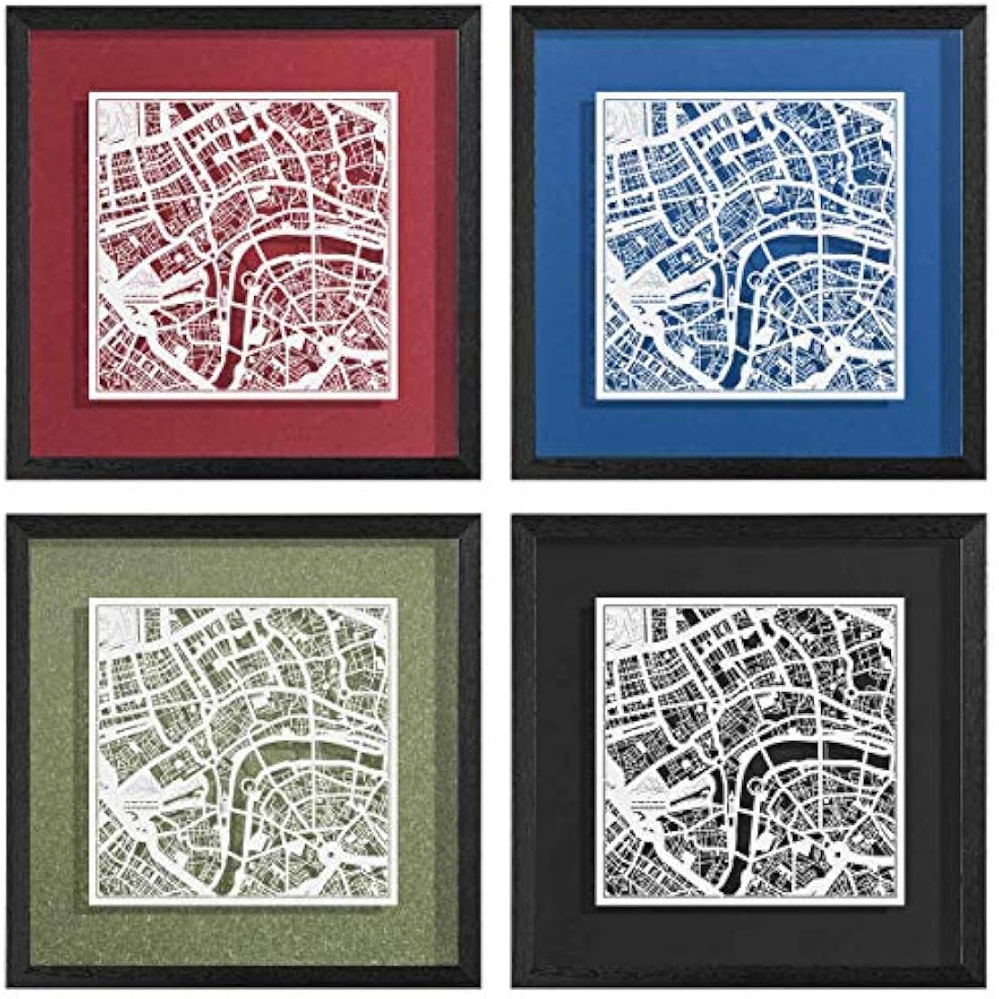 O3 DESIGN STUDIO London Paper Cut Map framed, White map, Black frame, 9x9 inches, Gift Boxed, 4 background color, self-changing, Paper Art