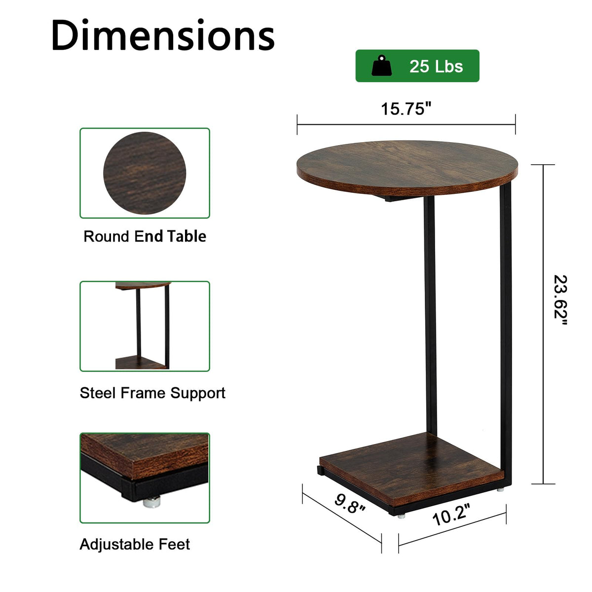 HDANI C-Shaped Side Table,Round End Table under Sofa,Bedside Table,Sofa Side Table with Metal Frame, Small Coffee Snack Table for Living Room