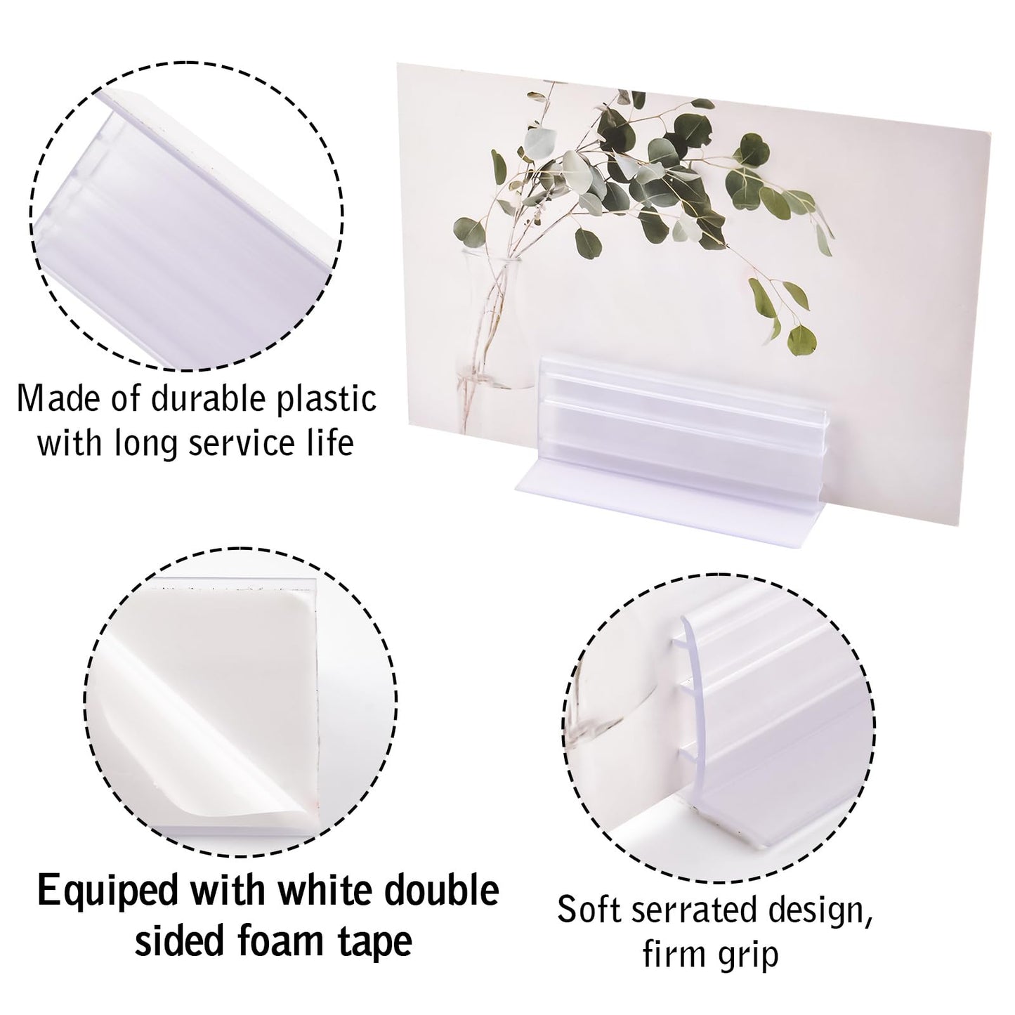 WANDIC 10pcs Acrylic Panels Holder, 2.95”*1.57”*1.18” Self Adhesive Sneeze Guard Holder with White Foam Tape Acrylic Stand for Cards Photos Display