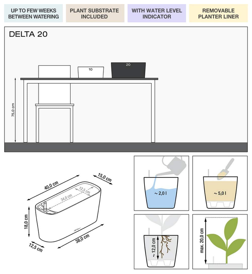 LECHUZA Self Watering Plant Pot Indoor DELTA 20 Plastic Flower Window Box Small Herb Planter without Drainage Hole H18 L40 W15 cm Shiny Taupe
