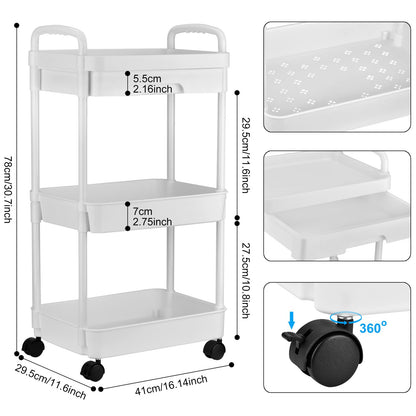 DUOJIN 3 Tier Plastic Rolling Utility Cart with Handle, Multi-Functional Storage Trolley with Mesh Baskets and Lockable Wheels for Bathroom Kitchen
