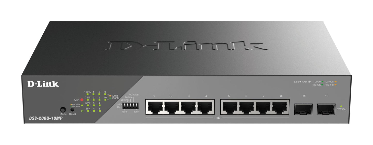 D-Link DSS-200G-10MP/B 10-Port Gigabit PoE+ Smart Surveillance Switch 8x 1000BASE-T PoE+ and 2x SFP, 802.3af/at, 130W PoE budget, Extend to 250m,