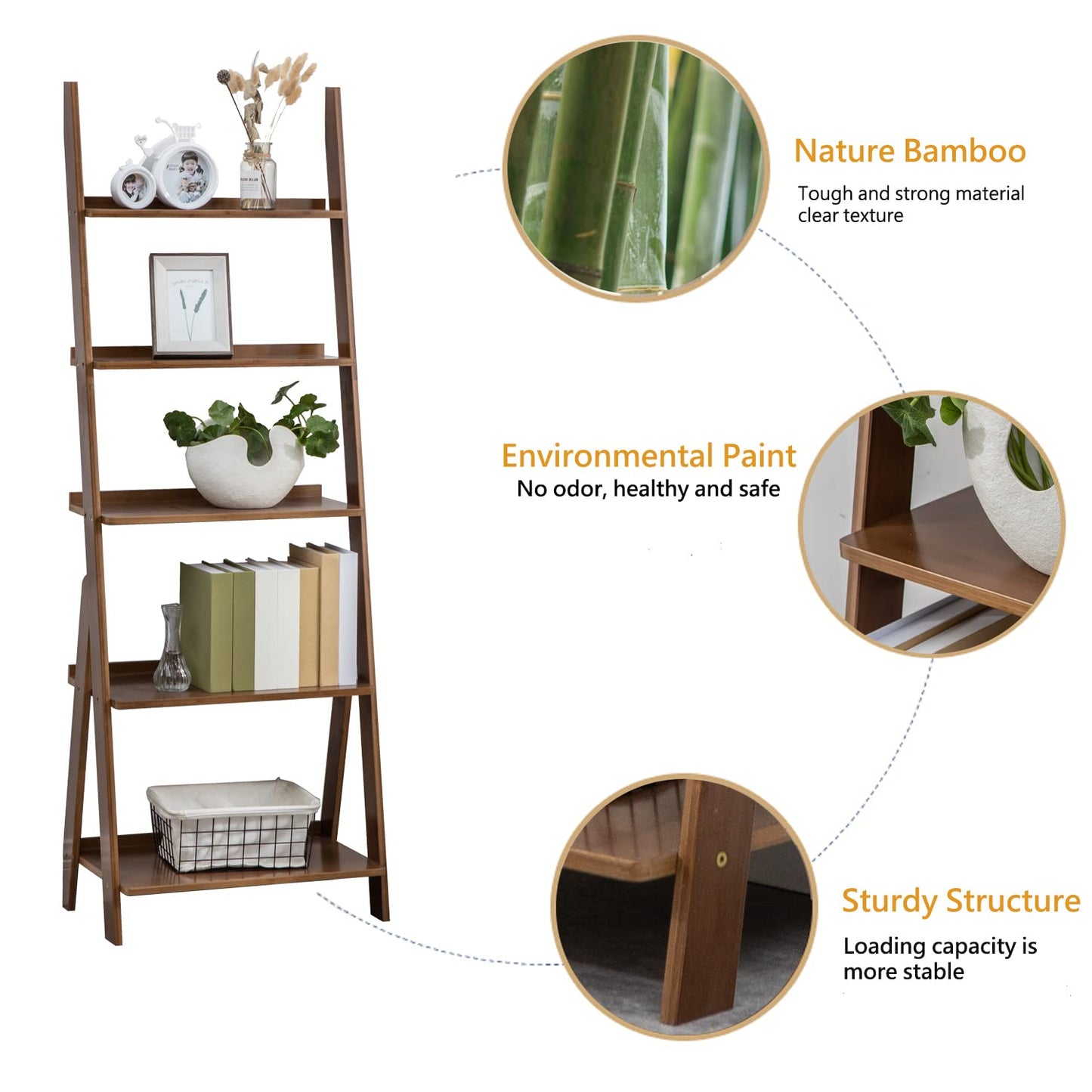 SOBIBO Bamboo Ladder Shelf, 5-Tier Storage Rack，Bookshelf, Free Standing Organizer Storage Shelves Flower Plant Stand Rack Nature
