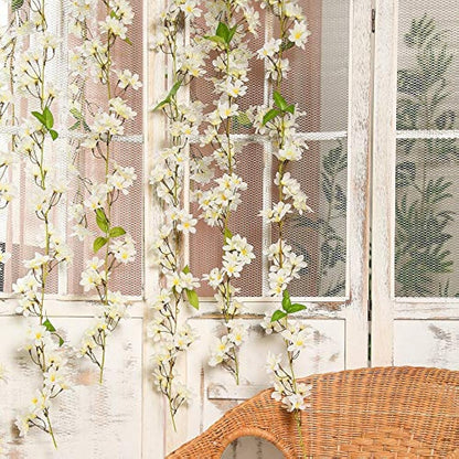 JUSTOYOU 2 Pcs 5.7FT Artificial Sakura Cherry Blossom Flowers Hanging Vine Fake Sakura Garland Fake Oriental Cherry Wreath Home Garden Party Wedding Decor (Cherry White, 2 PCS)