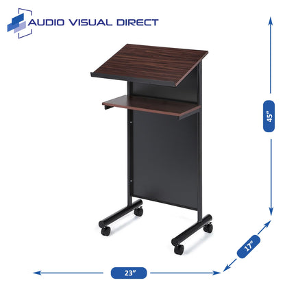 Audio-Visual Direct Wheeled Lectern Podium - Standing Desk with Storage Shelf - Cherry/Black - Ideal for Presentations and Laptop Use