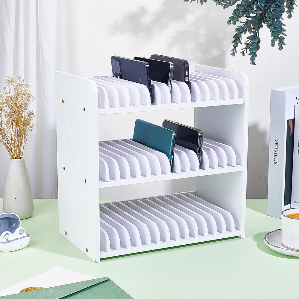 UNICRAFTALE 3-Tier White Wooden Phones Storage 45-Grid Classroom Cell Phone Holder Mobile Phone Desktop Organizer Storages Box Adjustable Multiple