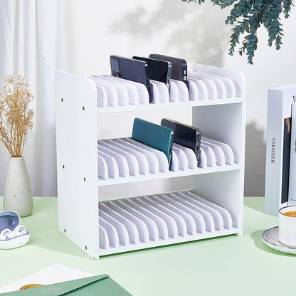 UNICRAFTALE 3-Tier White Wooden Phones Storage 45-Grid Classroom Cell Phone Holder Mobile Phone Desktop Organizer Storages Box Adjustable Multiple