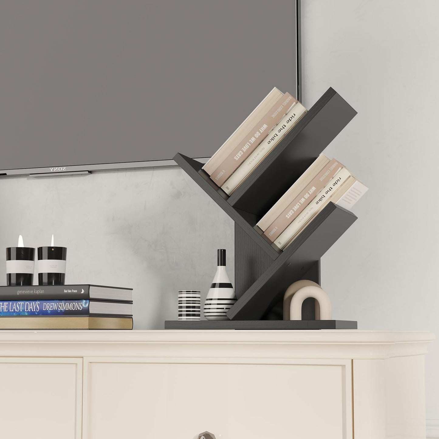 YMYNY 2 Tier Tree Bookshelf, Small Bookcase, Modern Wood Book Storage Rack Organizer, Freestanding Book Shelf for Books/Movies/CDs
