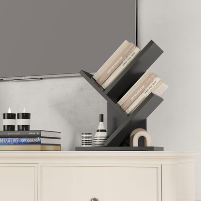 YMYNY 2 Tier Tree Bookshelf, Small Bookcase, Modern Wood Book Storage Rack Organizer, Freestanding Book Shelf for Books/Movies/CDs