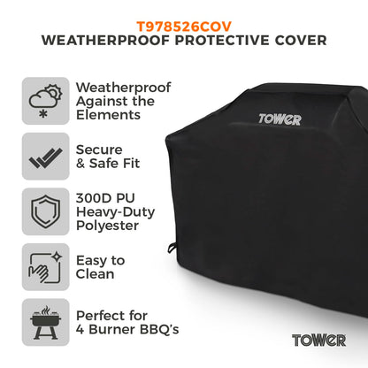 Tower Extra Large BBQ Cover - Heavy-Duty Waterproof & Windproof Outdoor Gas Grill Cover, UV Resistant, Black (H124.8 x W153 x D48cm)