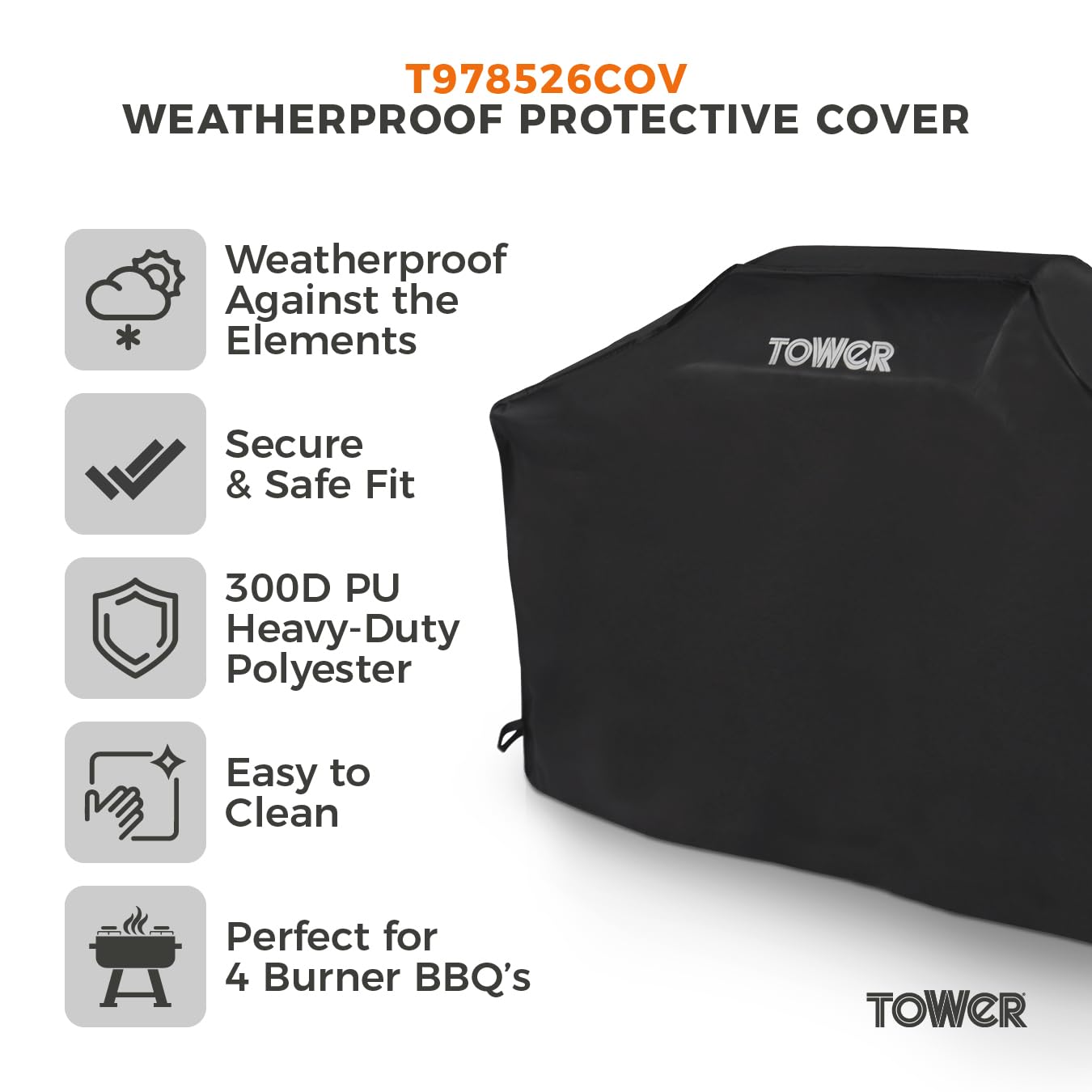 Tower Extra Large BBQ Cover - Heavy-Duty Waterproof & Windproof Outdoor Gas Grill Cover, UV Resistant, Black (H124.8 x W153 x D48cm)