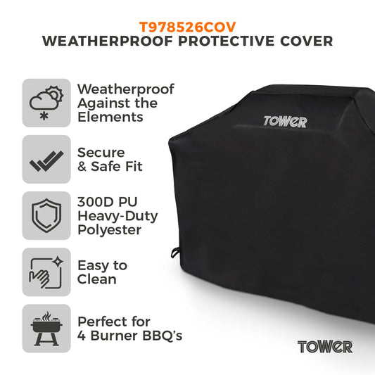 Tower Extra Large BBQ Cover - Heavy-Duty Waterproof & Windproof Outdoor Gas Grill Cover, UV Resistant, Black (H124.8 x W153 x D48cm)
