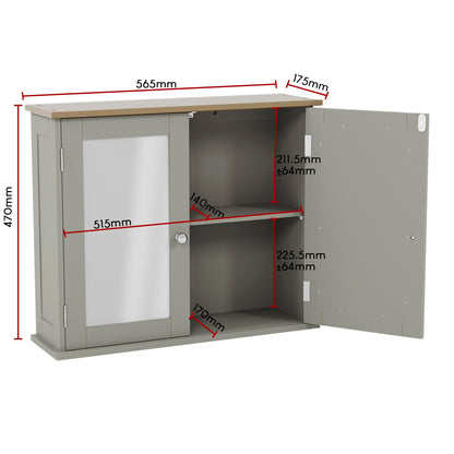 Bath Vida Priano Double Door Mirrored Bathroom Cabinet Storage Cupboard Wall Mounted, Grey & Oak
