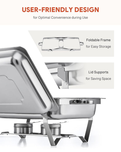 WILPREP Chafing Dish Buffet Set, 2 Pack 9L Chafers for Catering with 4 Half Size Food Pans Fuel Holders 2 Lids Foldable Frames, Stainless Steel Food