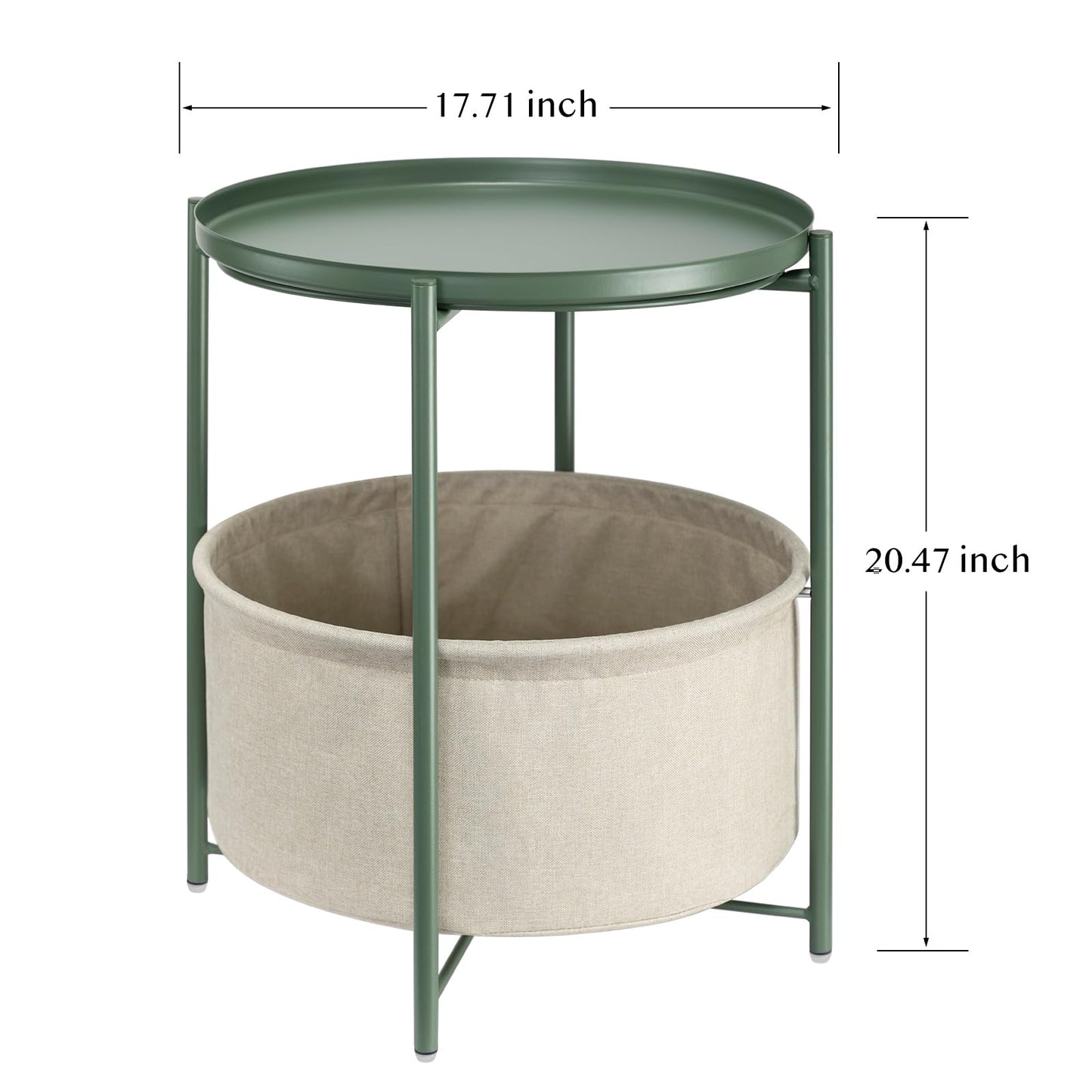 danpinera Round Side Table with Fabric Storage Basket, Metal Side Table Small Bedside Nightstand with Removable Tray for Living Room, Bedroom