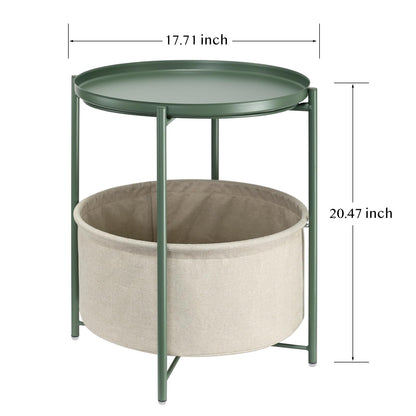 danpinera Round Side Table with Fabric Storage Basket, Metal Side Table Small Bedside Nightstand with Removable Tray for Living Room, Bedroom
