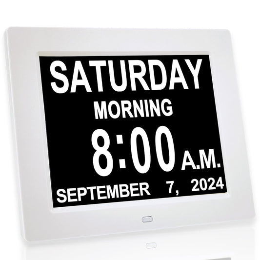 Yuanzeco Alarm Clock With Day And Date For Elderly 3Displays Digital Calendar Day Clock Photo Frame- Auto Dimmable Display 15 Alarm Options, Day Clock