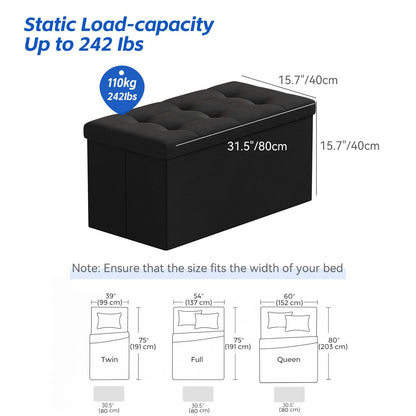 BRIAN & DANY Folding Linen Storage Boxes Footstool Ottoman, Foot Rest Stool, Foldable Seat Bench Footrest - Black, 76 x 38 x 38 cm