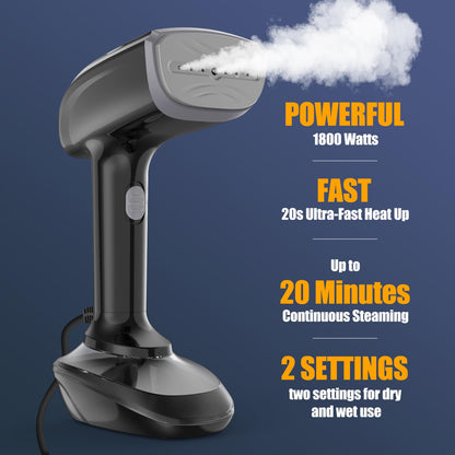 Powerful Handheld Fabric Steamer - 1800W with Fast Ceramic Heat-Up Plate, 2-in-1 Ironing & Wrinkle Remover, Steam Nozzle, Lint Brush - Black, 220V