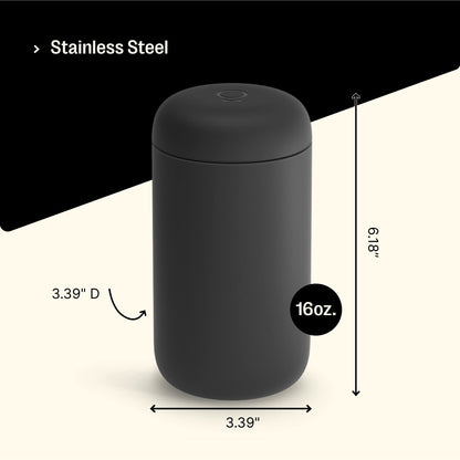 Fellow Carter Move Travel Mug - Wide Mouth Vacuum-Insulated Stainless Steel Coffee and Tea Tumbler with Ceramic Interior, Matte Black, 16 oz Cup