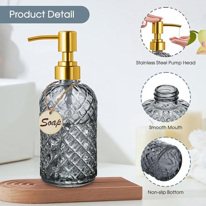 Bingobang Glass Soap Dispenser with Hand Gold Pump 470ml, Grey