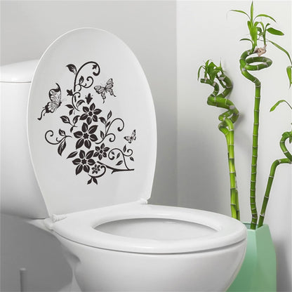 Black Flowers Butterfly Bathroom Toilet Seat Lid Cover Decals Stickers PVC Sticker Removable Self-Adhesive Restroom Decor Art Decoration Toilet Lid