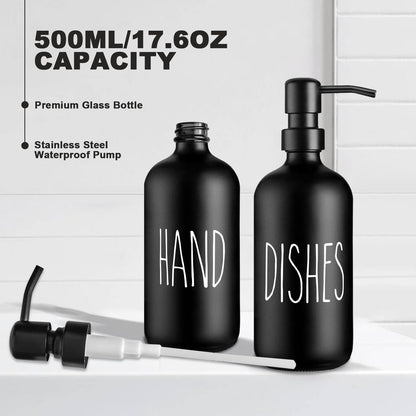 Glass Soap Dispenser Set: Premium 2 Pack Dispenser Bottles with Ceramic Tray 500ML/17oz Farmhouse Soap Lotion Pump Dispensers Refillable Hand Soap