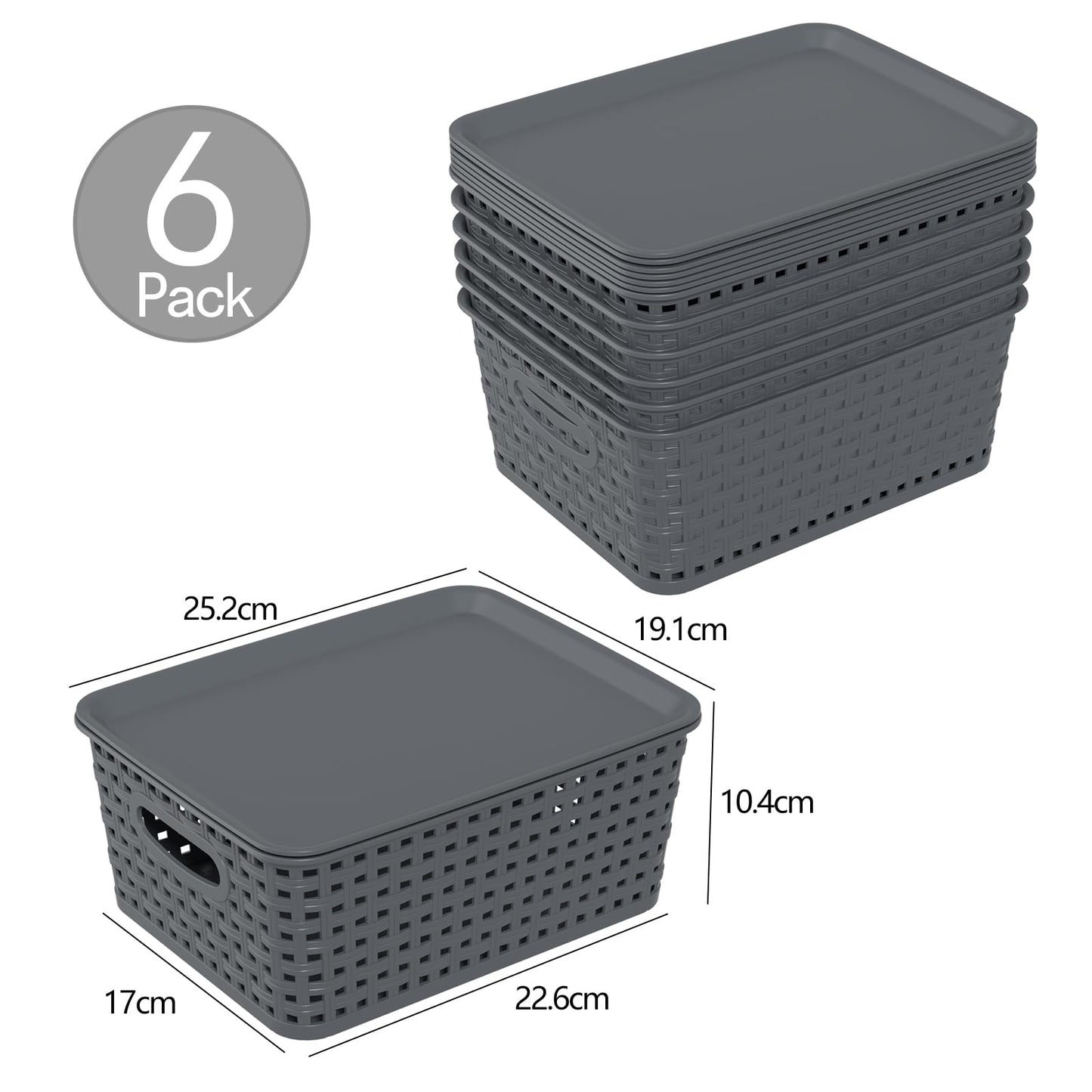 Ysmiltion Plastic Storage Baskets Bins with Lid and Handle, 6 Pack, Gray