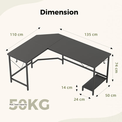 Mericonia L Shaped Desk, Diamond Design for Socket, 135x110cm, Black