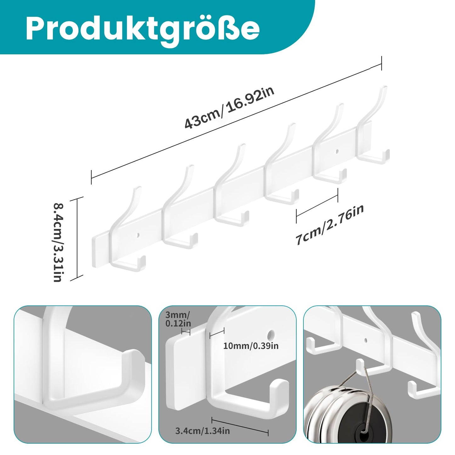 MEIJO Coat Hooks Wall Mounted Stainless Steel, White Coat Rack Wall Mounted with 6 Hooks Heavy Duty Coat Hooks for Door, Bathroom, Bedroom, Kitchen