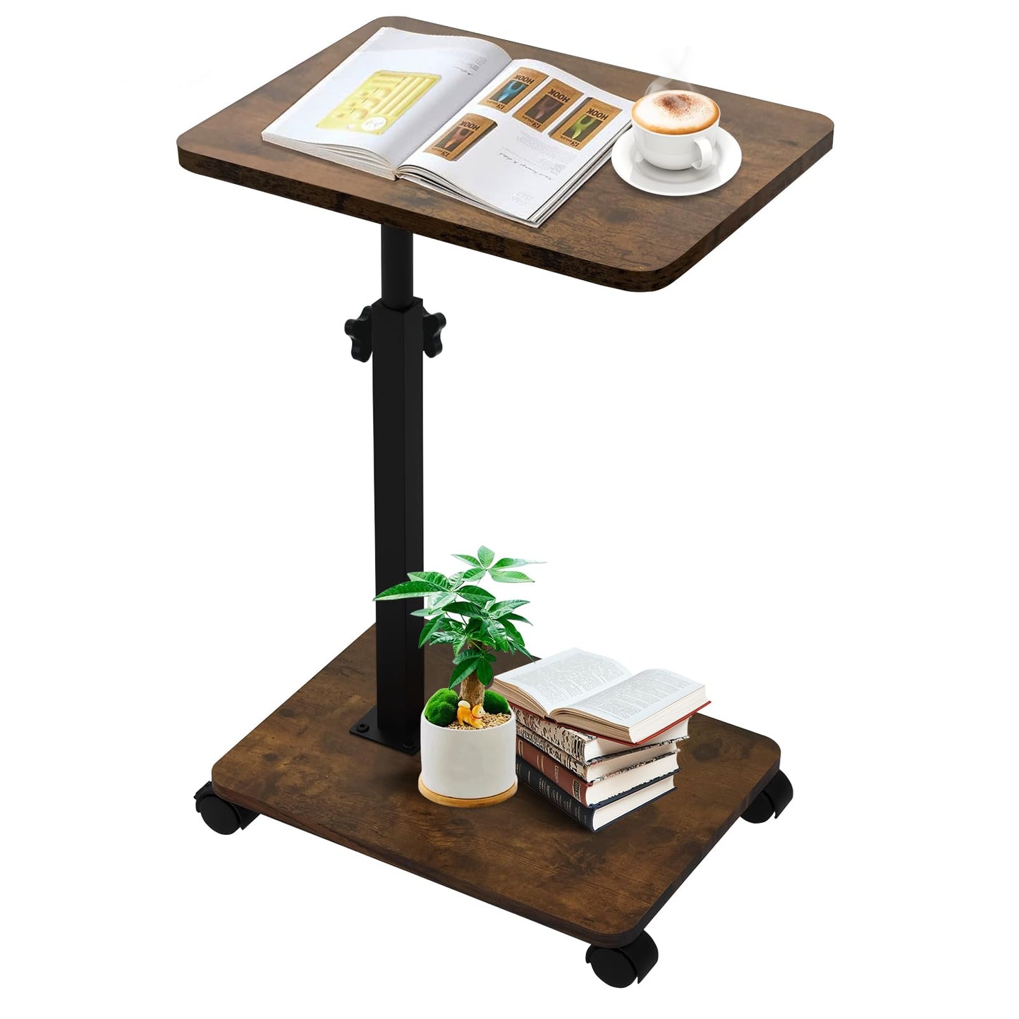 KUKKUME C Shaped Side Table Height Adjustable Sofa Table Over Bed Table with 360° Swivel Tray and Wheels Under Sofa End Table for Living Room Couch