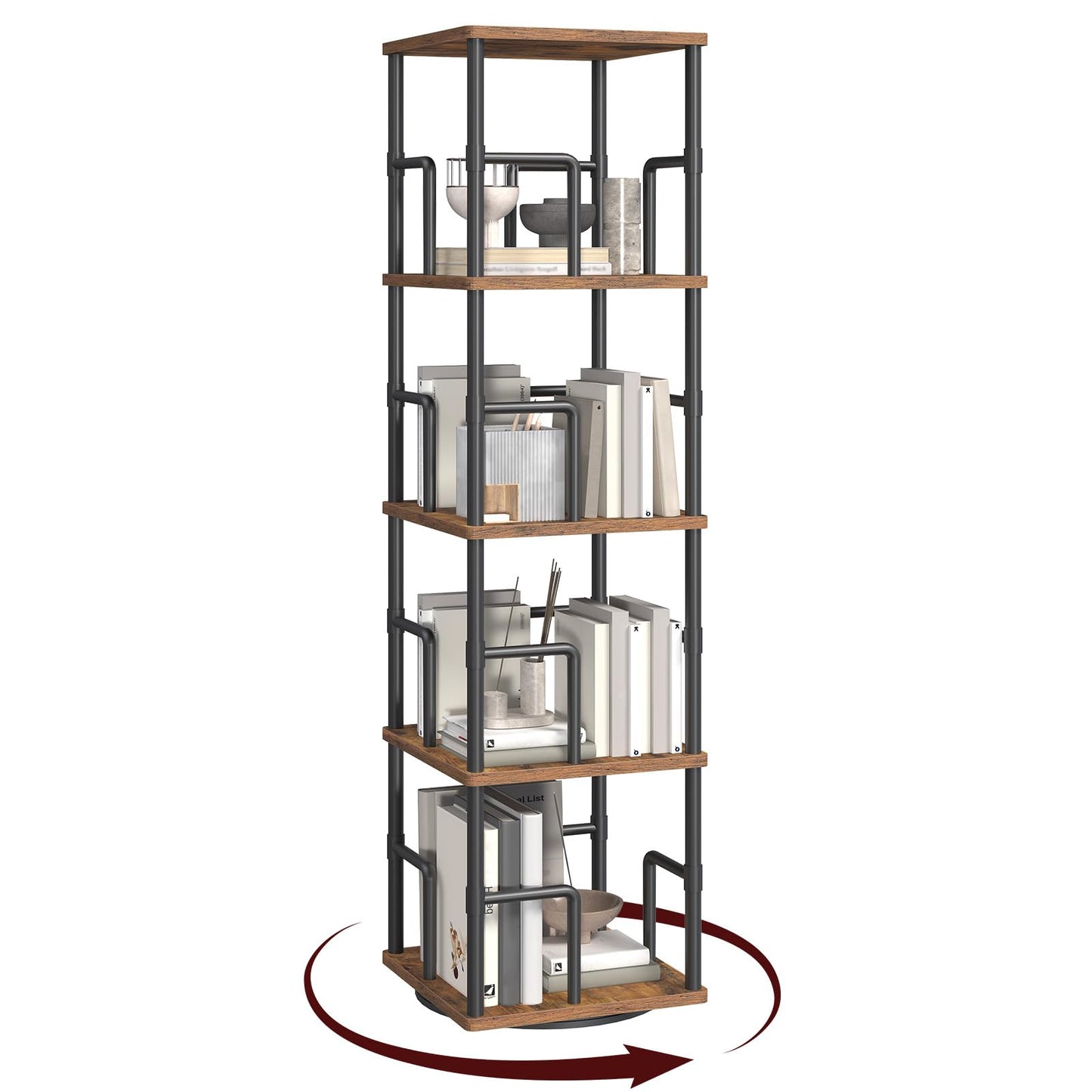 MAHANCRIS Rotating Bookshelf, 5-Tier Spinning Bookcase, 360° Revolving Bookcase, Storage Turning Shelf with Rails for Corner, Living Room, Bedroom