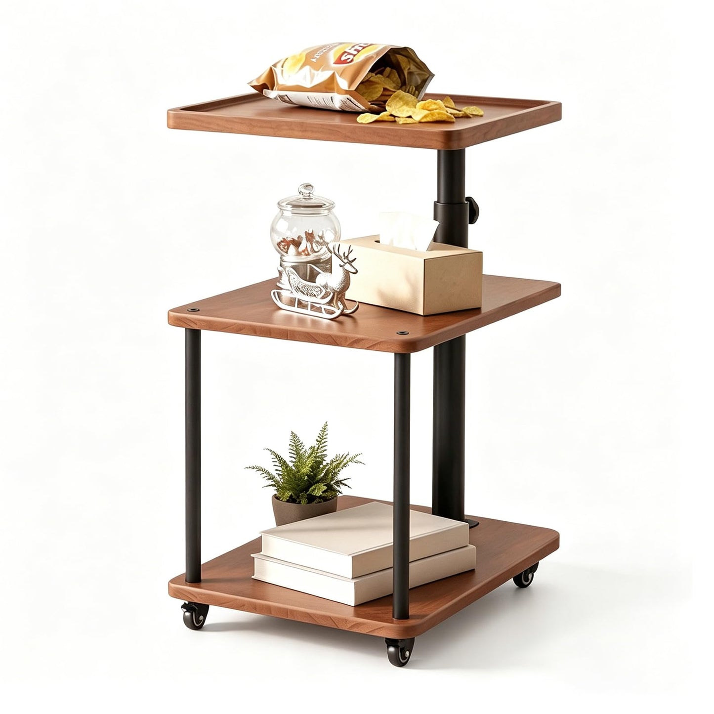 Bingyouth Side Table with Wheels, Adjustable Sofa Table with 360° Swivel Raised-Edge Top, 3 Tier Solid Wood Bedside Table for Living Room or Bedroom