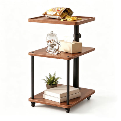 Bingyouth Side Table with Wheels, Adjustable Sofa Table with 360° Swivel Raised-Edge Top, 3 Tier Solid Wood Bedside Table for Living Room or Bedroom