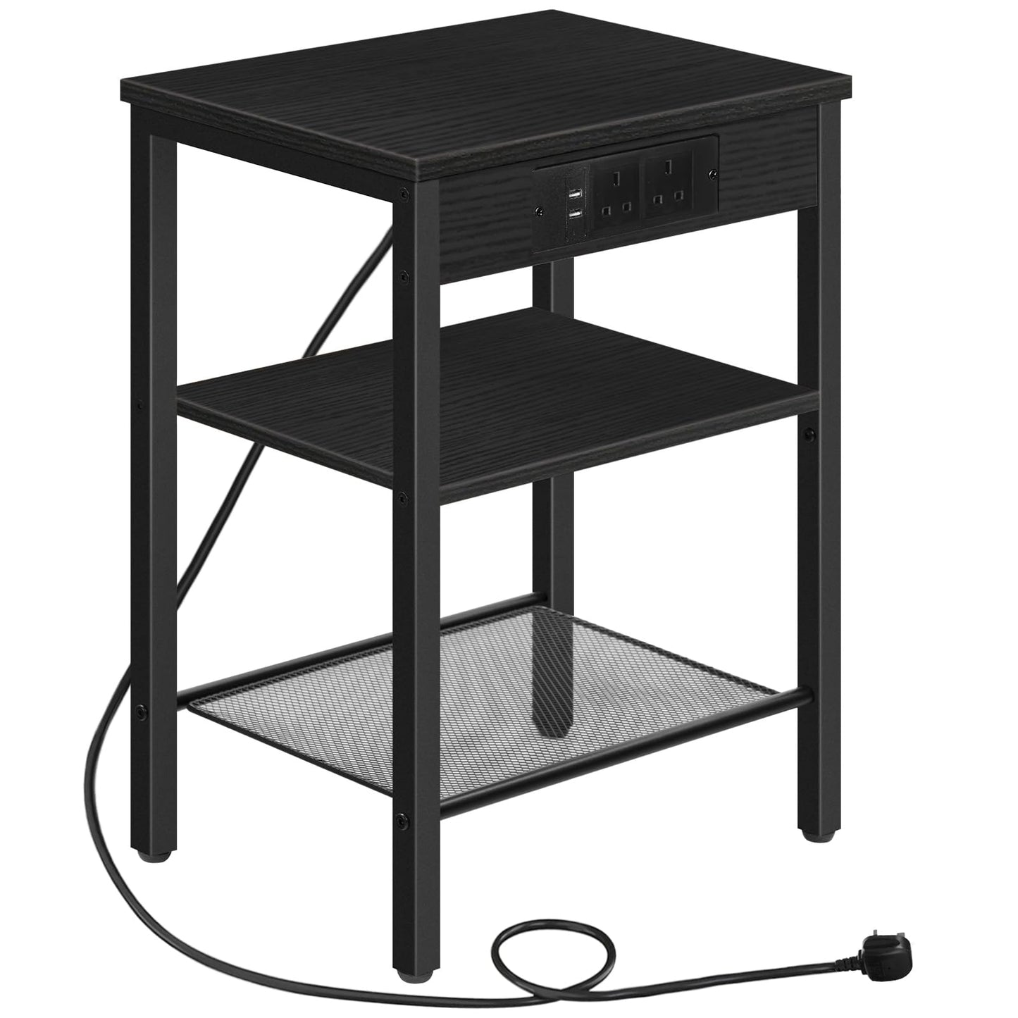 HOOBRO Side Table with Charging Station, Narrow Bedside Table with 2 Sockets and 2 USB Ports, 3-Tier Nightstand with Adjustable Shelf, Slim Sofa