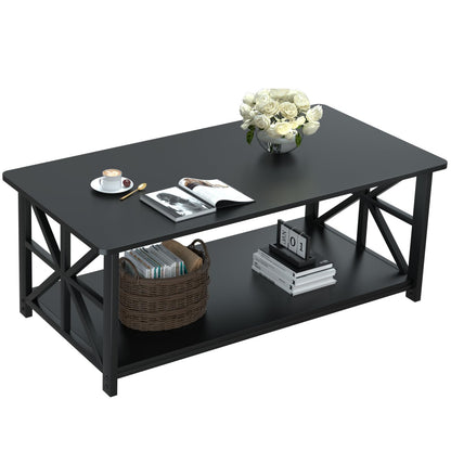 GreenForest Coffee Table with 2-Tier Storage,100 cm Living Room Table with Round Corner, Center Table with X-Frame Design for Home Office,Black