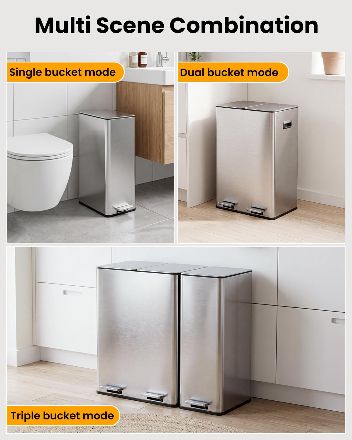 Kitchen Bin,40L Double Bin+20L Single Bin,Tall Slim 60L Stainless Steel Pedal Bin,Dual Bin Rubbish Recycling with Soft-Close Lids and Inner