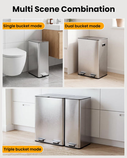 Kitchen Bin,40L Double Bin+20L Single Bin,Tall Slim 60L Stainless Steel Pedal Bin,Dual Bin Rubbish Recycling with Soft-Close Lids and Inner